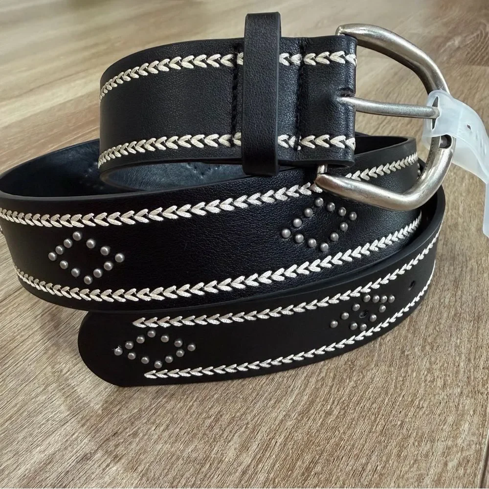 NEW Western Heart Pattern Studded Boho Vegan Leather Belt Black